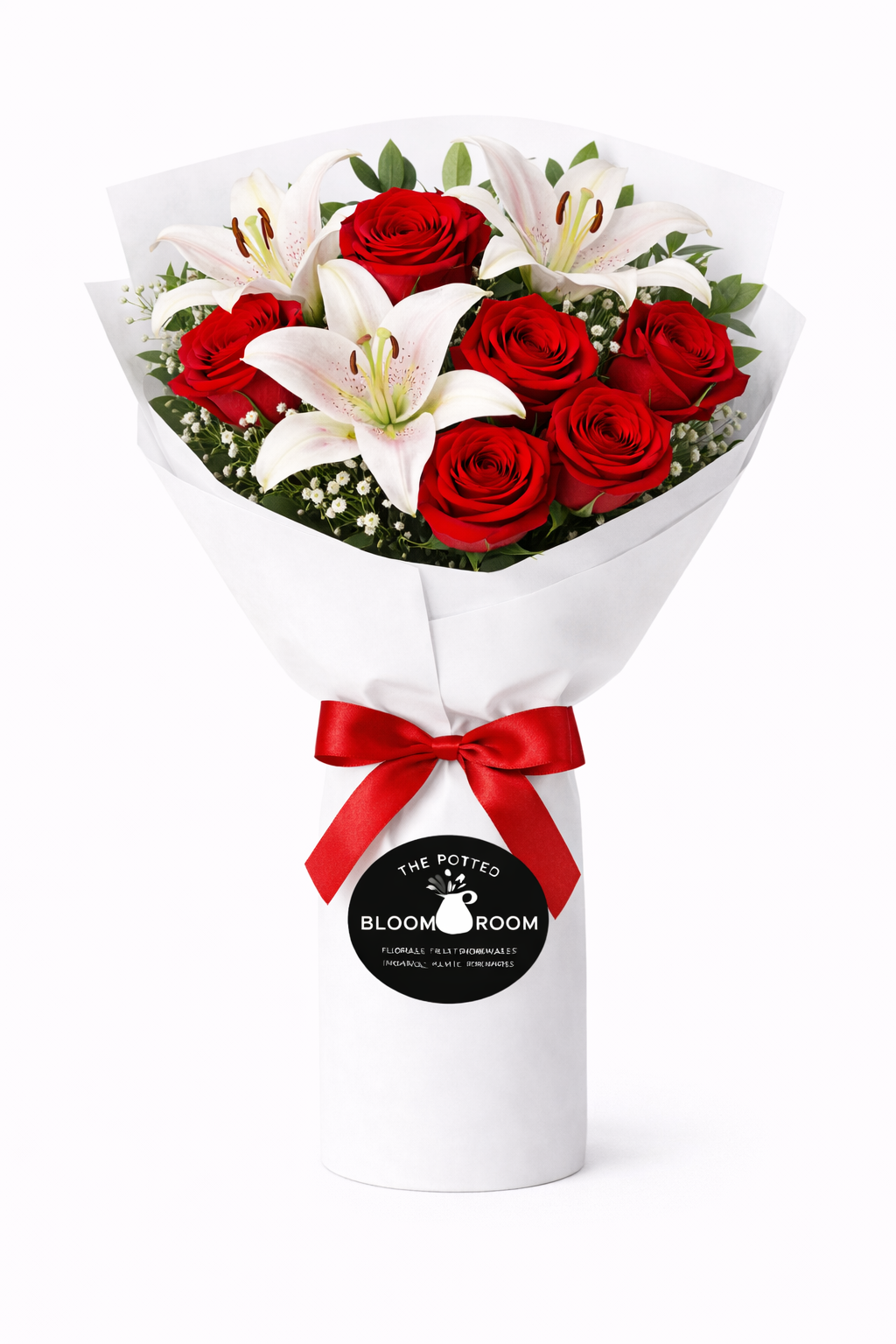 CUPIDS BIG REDS  & Lillies BOUQUET